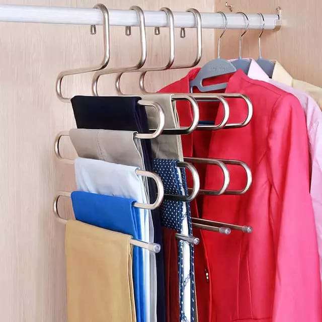S-Shaped Hangers -MATERIAL: STAINLESS STEEL --5 layer multipurpose closet hanger -can hang trousers, towels, ties, scarfs, t-shirts ETC -non slip design
