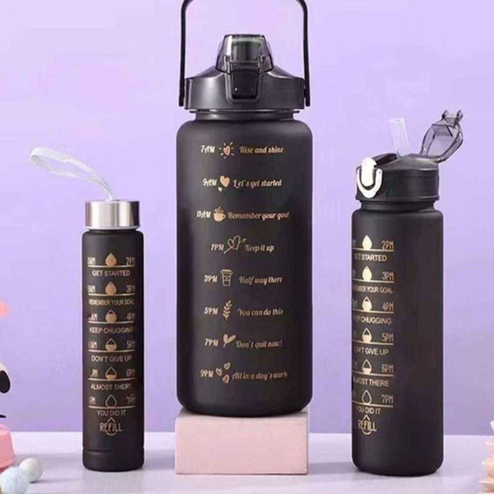 Black Themed Motivational Water Bottles 3Pcs Set 