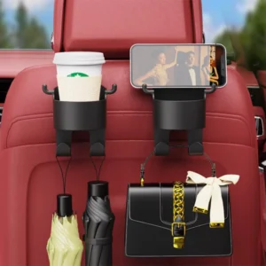 Car seat headrest hook with cup holder