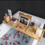 Expandable Bamboo Bathtub Caddy Tray 12 wooden bathroom organizer