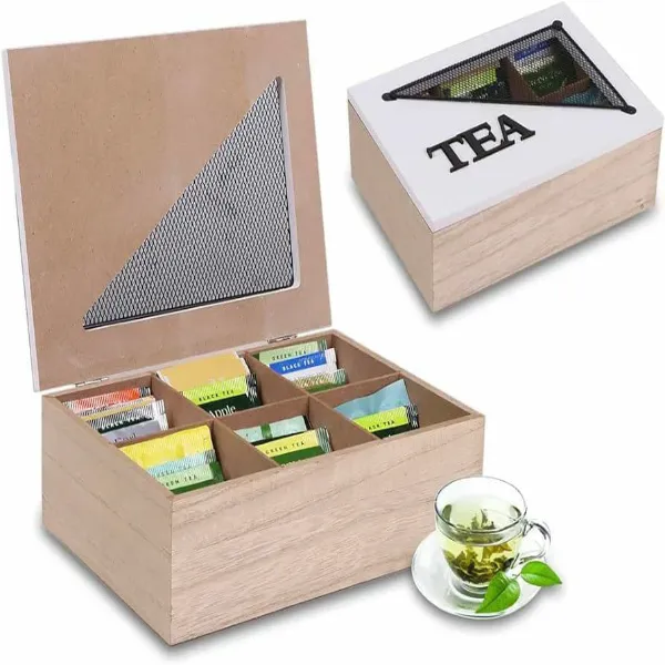 Wooden tea bag organizer with compartments