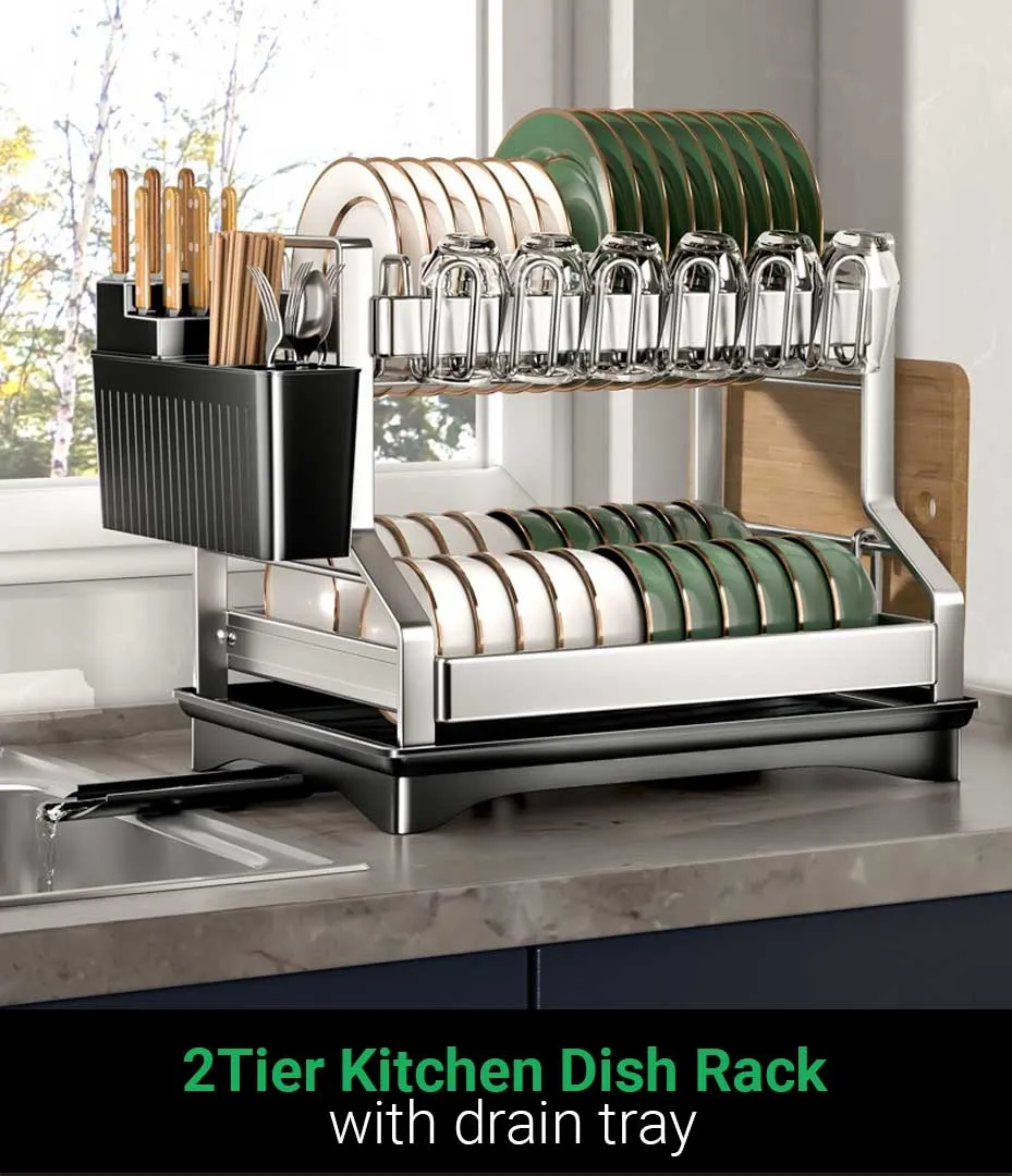 2-Tier Kitchen Dish Rack with drain tray