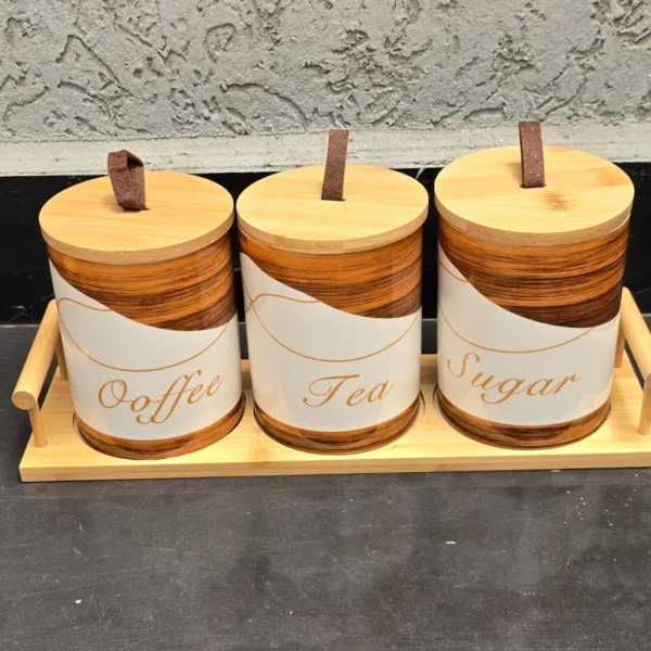 3pcs Ceramic Canisters Set with Bamboo Stand