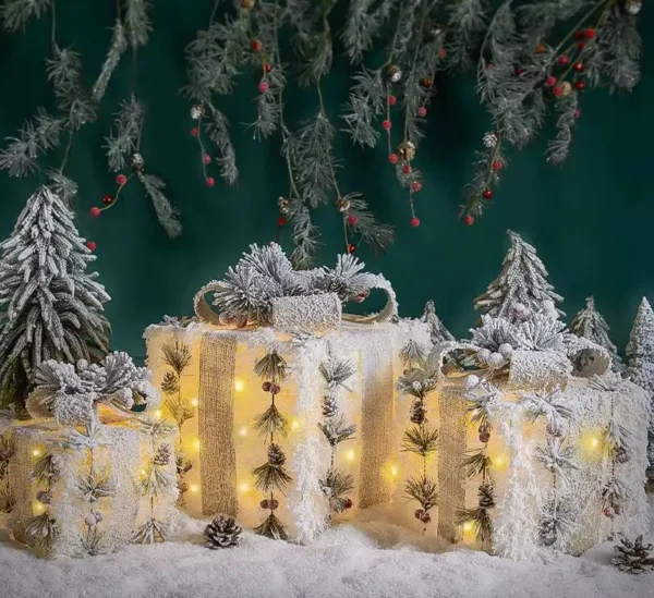 3Pc Set Snow Flocked Christmas Lighted Gift Boxes