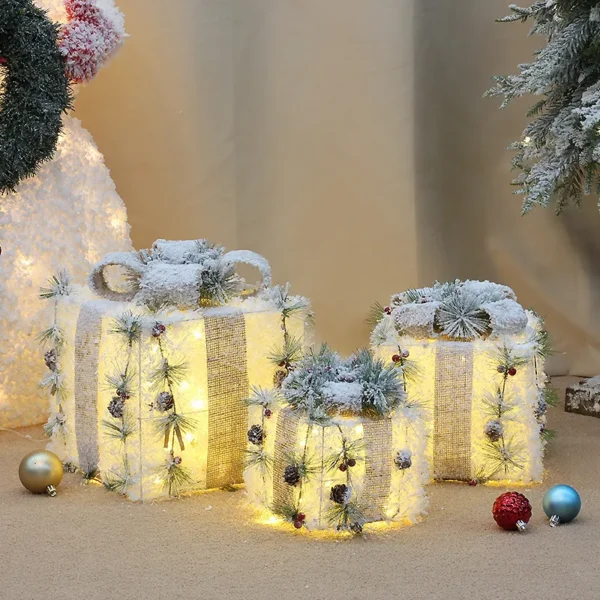 3Pc Set Snow Flocked Christmas Lighted Gift Boxes