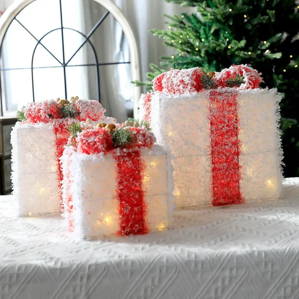 Snow Flocked Christmas Lighted Gift Boxes