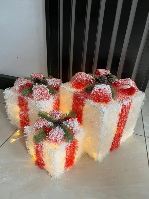 snow flocked gift boxes