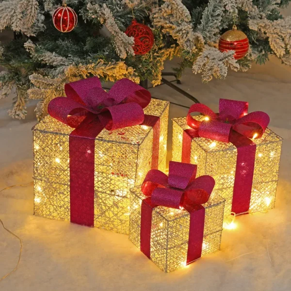 3Pc Set Gold Christmas Lighted Gift Boxes