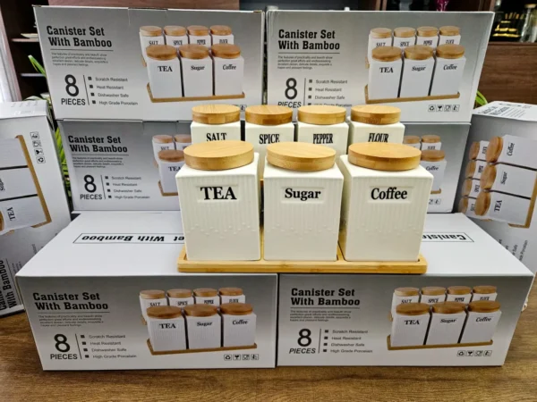 8PCS Ceramic Canister Set with Bamboo Stand