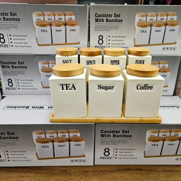 8PCS Ceramic Canister Set with Bamboo Stand