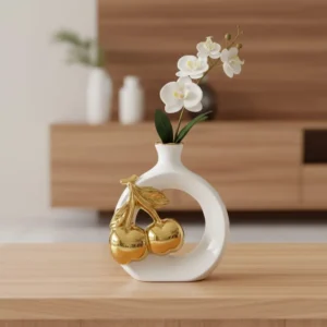 Modern Ceramic Vase with Golden Cherry Design