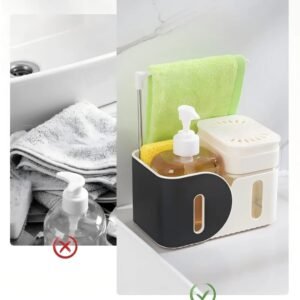 Kitchen soap dispenser with rag rack
