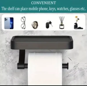 Toilet paper holder with phone shelf