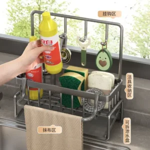 Sink storage rack with hooks