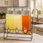 1.6L Triple Glass Juice Dispensers with Metallic Stand 2 Triple Glass Juice Dispensers