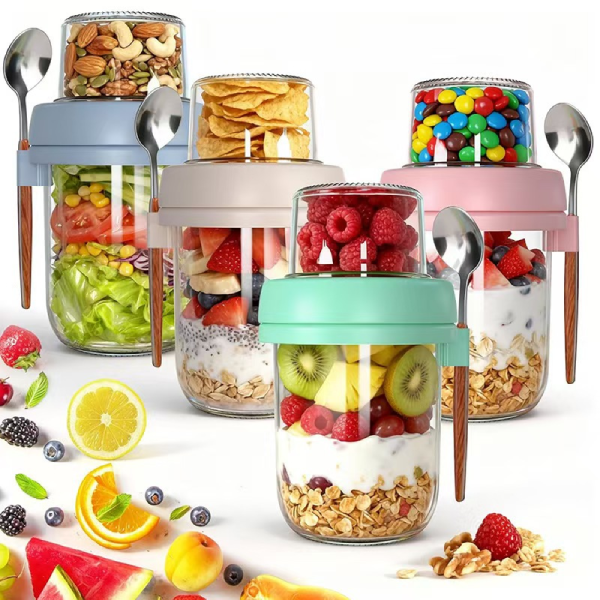 4PCS Glass Oat Jars with Spoon 1 4PCS Glass Oat Jars with Spoon