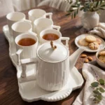 White Ribbed Tea Set – 7 Pieces with Tray, 3 White Ribbed Tea Set
