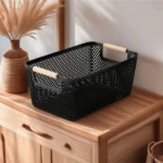 Large Modern Hard Plastic Storage Basket with Wooden Handles 2 Basket with Wooden Handles
