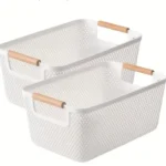 Large Modern Hard Plastic Storage Basket with Wooden Handles 4 hard plastic storage basket