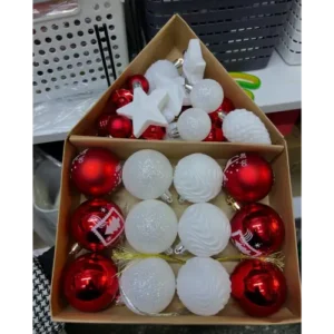 red silver white Christmas baubles